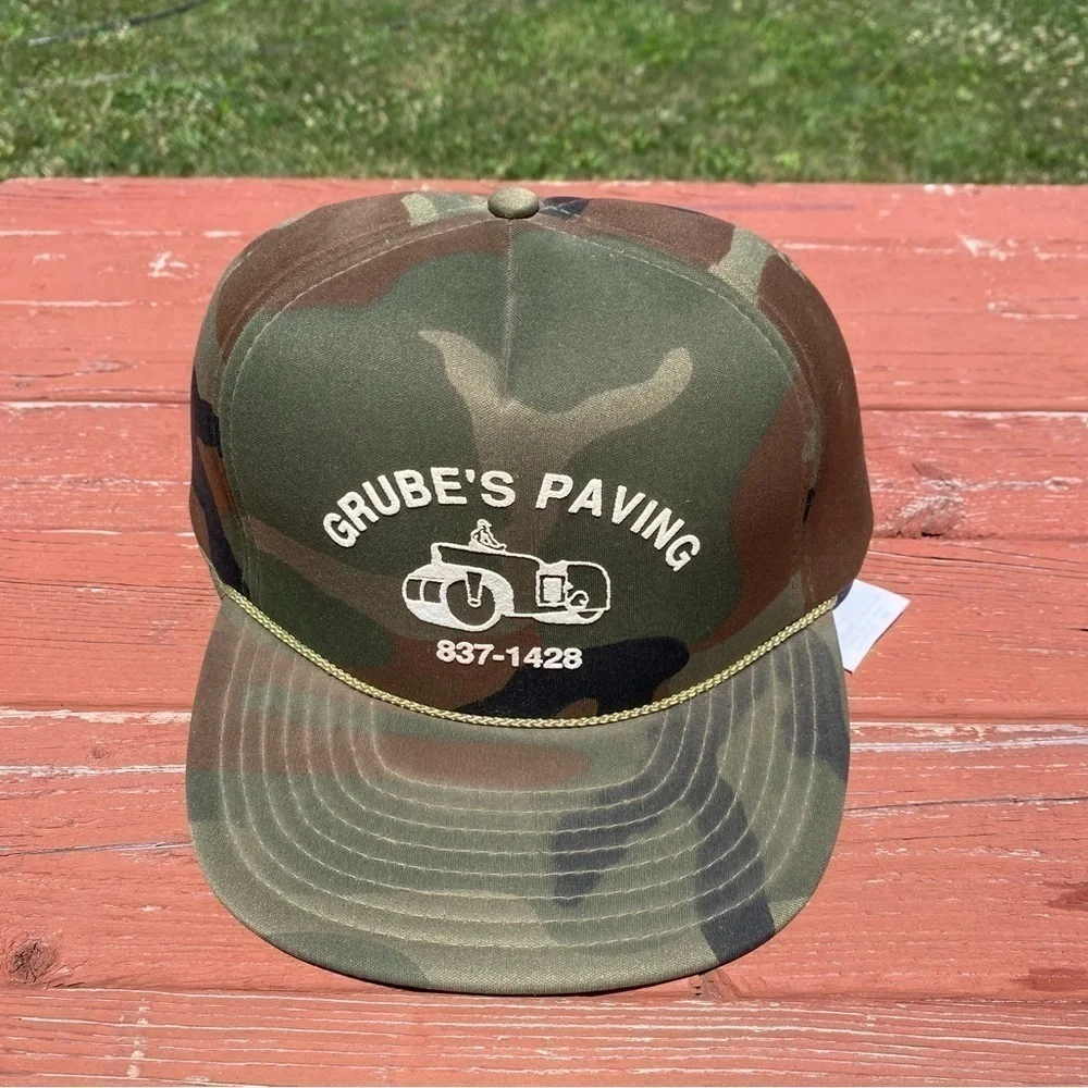 Vintage Grube’s Paving Camouflage Snap Back Trucker Hat Rope Lapel 90s Green